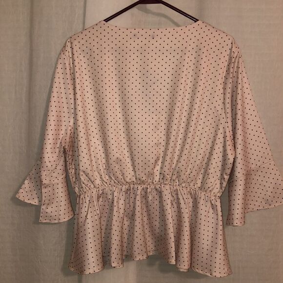 Nasty Gal 14 Well Spotted Peplum Bell Sleeve Faux Wrap Cream Brown Polka Top - Picture 5 of 16